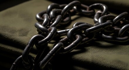 Rusty metal chain rests on dark fabric, suggesting weight, constraint, or burden.