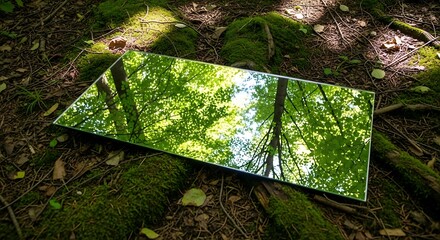 Reflection of forest canopy in a mirror on mossy woodland floor