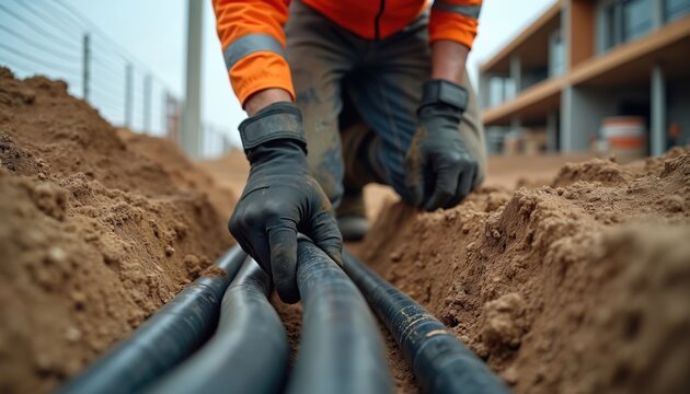 Construction worker carefully lays electrical cables in trench. Groundwork for infrastructure development shows laborer precision, efficiency. Outdoor project prepares for utility installation, new