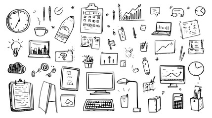 Hand-drawn office supplies and gadgets on a transparent background.
