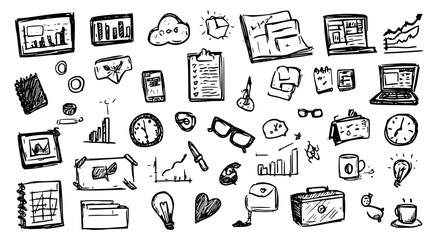 Hand-drawn office supplies and gadgets on a transparent background.