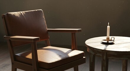 Sunlight illuminates a rustic wooden armchair and small table holding a lit candle.