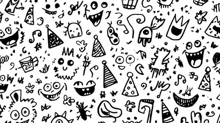 Seamless pattern of hand-drawn doodles featuring various food and drink items, including pizza, burgers, wine glasses, and desserts, on a transparent background.