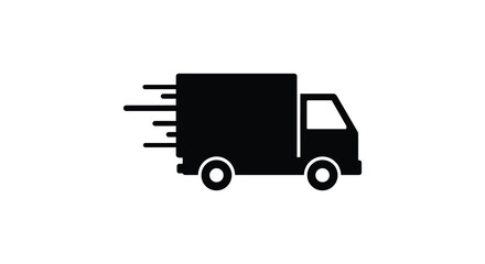 Black silhouette of a moving delivery truck with motion lines