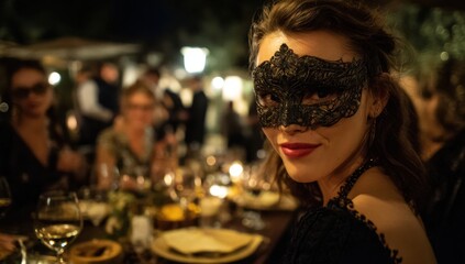 A joyful gathering welcomes the New Year in 2026 with friends at a beautifully decorated venue. Guests wear elegant attire and striking masks, enjoying a festive atmosphere filled with laughter