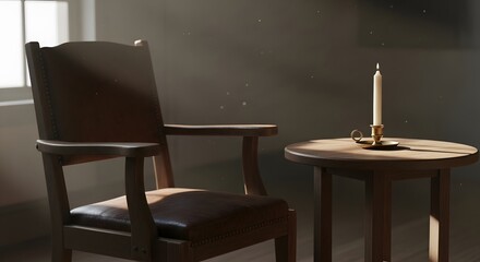 Sunlit wooden armchair and small table with candle, quiet interior scene.