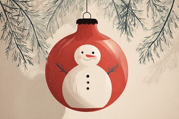 Colorful ornament featuring a snowman hangs from a pine branch during winter celebrations