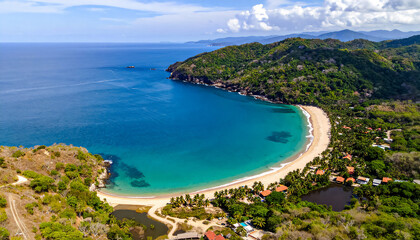 Fototapeta premium Aerial photography over the sea coast on love beach, or playa del amor