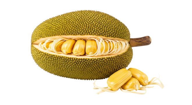 Opened jackfruit is displaying its yellow bulbs and fibrous core, with additional bulbs shown outside the fruit.