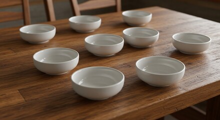 Minimalist Arrangement: Nine White Bowls on Rustic Wooden Tabletop with Soft Natural Light