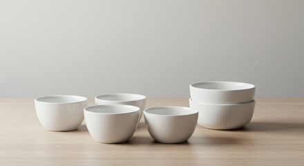 Minimalist arrangement of white ceramic bowls on a light wooden surface against a neutral wall