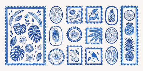Blue Tropical Botanical Stamp Collection With Pineapples And Birds leaf flower