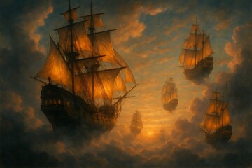 Obraz premium Sunset Galleons A Surreal Seascape of Floating Ships