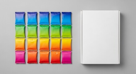 Colorful Stick Sachets with Blank White Box Mockup, Rainbow Packaging