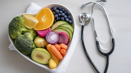 Heart shaped bowl of fruits and vegetables with stethoscope symbolizing healthy diet