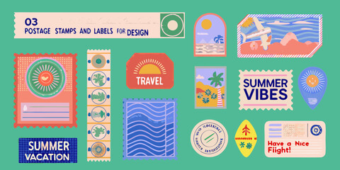 Collection Of Vintage Style Summer Travel Stamps And Labels vector illustration
