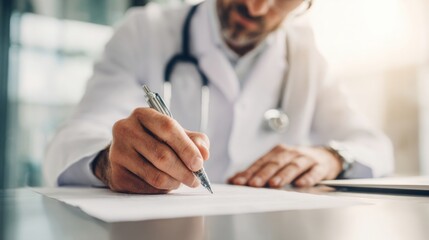 Medical professional writing in a notebook during a clinical consultation in a bright modern healthcare facility.