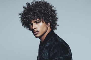 Portrait of a young man with curly hair wearing a dark velvet jacket against a plain gray background.