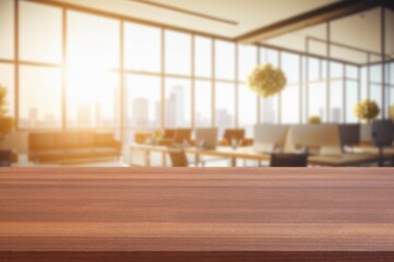 Empty table top with office space background