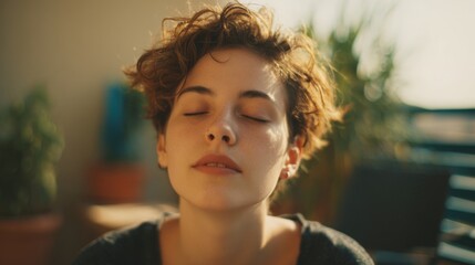 Young woman with short curly hair relaxing with closed eyes in cozy indoor setting.