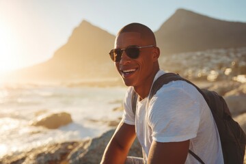 Smiling young man with sunglasses enjoying sunny beach landscape with mountains.