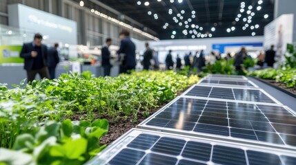 A close-up view of solar panels integrated with greenery at a modern exhibition. The setting showcases innovation in sustainable technology and urban agriculture.