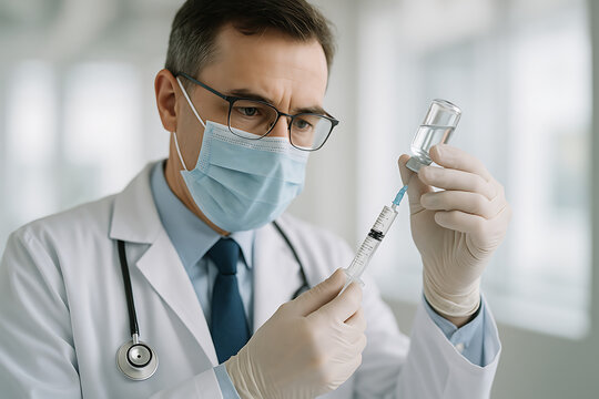 A male doctor in glasses wearing a mask and gloves prepares a vaccine by drawing liquid into a syringe - Powered by Adobe