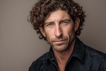 Close Up Portrait of a Confident Middle-aged Man with Curly Hair and Intense Gaze.