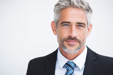 Professional middle aged man with gray hair and beard in formal suit smiling.