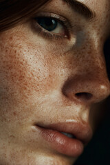 Close-up of a person's face showcasing freckles, skin texture, and one eye against a dark backdrop.