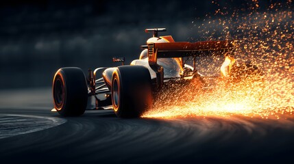 Fototapeta premium A formula one car races around a track, creating sparks with dramatic lighting.