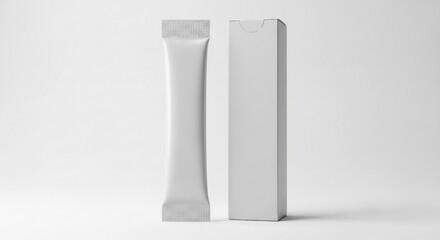 Blank White Stick Sachet Mockup with Box, Isolated on White Background