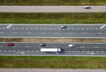 Cars and truck on express road S8 in Wyszkow County, Masovia region of Poland