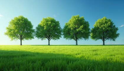 Four rich green trees stand in neat row across vibrant grassy field under clear blue sky. Scene conveys tranquility, natural beauty, perfect for themes of growth, summer, environmental awareness.