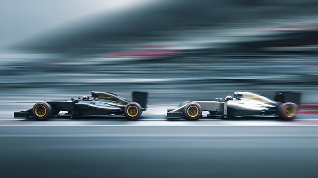 Formula 1 race cars in motion, creating a sense of speed and competition on the track. - Powered by Adobe