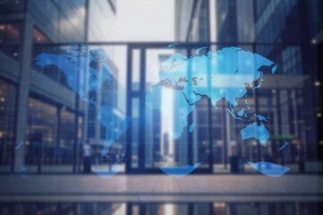 Digital globe hologram and modern city background