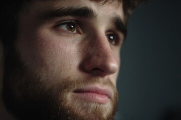 Close-up of young man with well-groomed beard and expressive brown eyes.