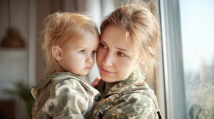 Woman in military uniform holding young girl near window with natural light.