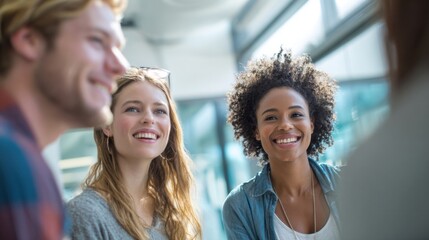 Group of Diverse Young Adults Engaged in Friendly Conversation Indoors.