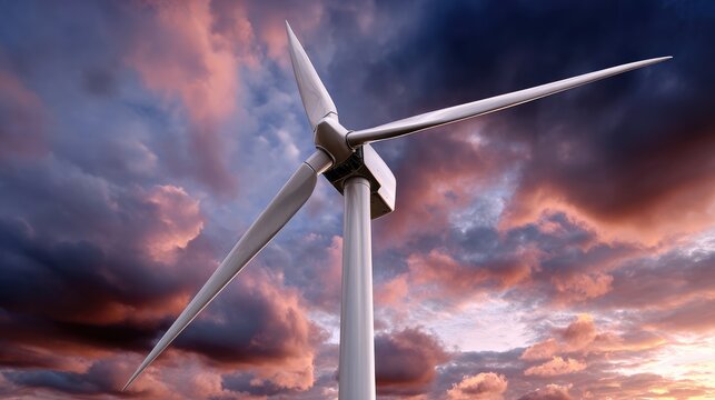 A towering wind turbine stands against a dramatic sky, showcasing renewable energy's role in combating climate change and promoting sustainability in the modern world.