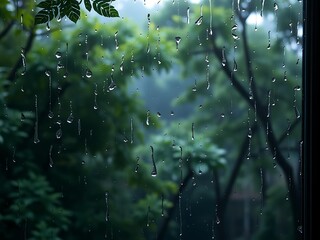 Rain-soaked glass window with blurred forest background, moody and cozy atmospheric nature wallpaper design for desktop, mobile, and presentation backgrounds with calming rainy effect