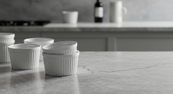 Monochrome Still Life: Stacked Ramekins on Marble Countertop with Kitchen Backdrop