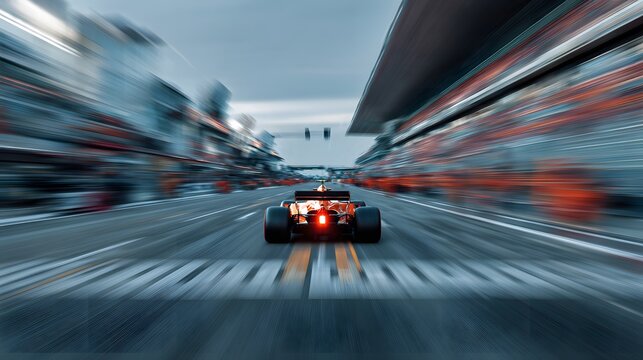 Formula 1 car in motion, speeding down a race track. - Powered by Adobe