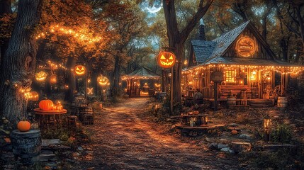 Enchanted Halloween Forest Scene Glowing Pumpkins with Cottage  Moonlit Path.