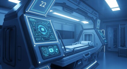 Futuristic Medical Bay with Advanced Technology and Cool Blue Lighting
