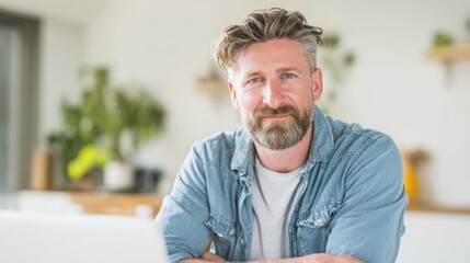 Friendly middle-aged man with beard and jeans smiling in bright modern home.
