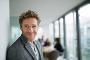 Friendly Male Professional with Beard Smiling in Modern Office Environment Indoor Natural Light.