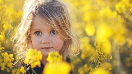 Young girl with blonde hair and blue eyes standing in a yellow flower field during sunlight.