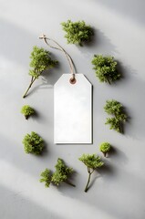 Minimal blank paper tag with rope and natural floral decoration.