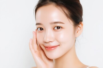 Beautiful young woman with clear skin and natural makeup posing against white background.